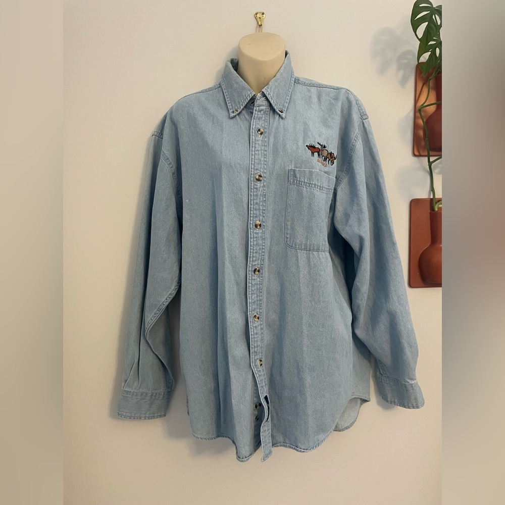 S&P Trading Cotton Alaska Button Up Men’s Shirt 3 Moose Denim Lg Vintage Style